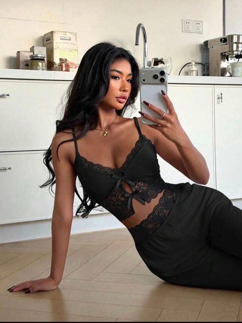 Black Lace-Trim Cami Crop Top - Women Set